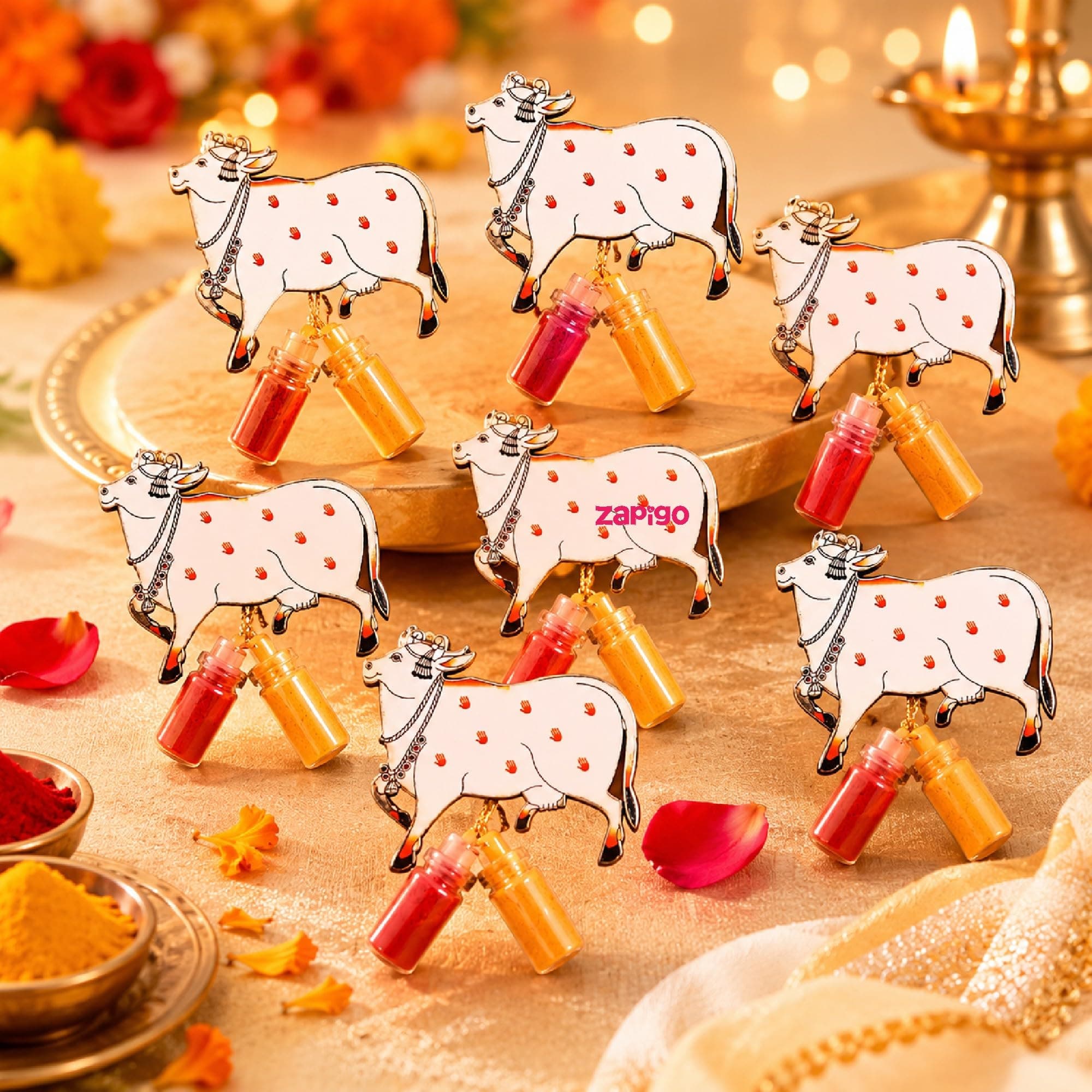 Habba Cow Design Haldi Kumkum Set, Pasupu Kumkum Dome Glass Bottle, Traditional Pooja Return Gift for Diwali, Navratri, Varalakshmi Vratham, Wedding & Festivals - Pack of 10
