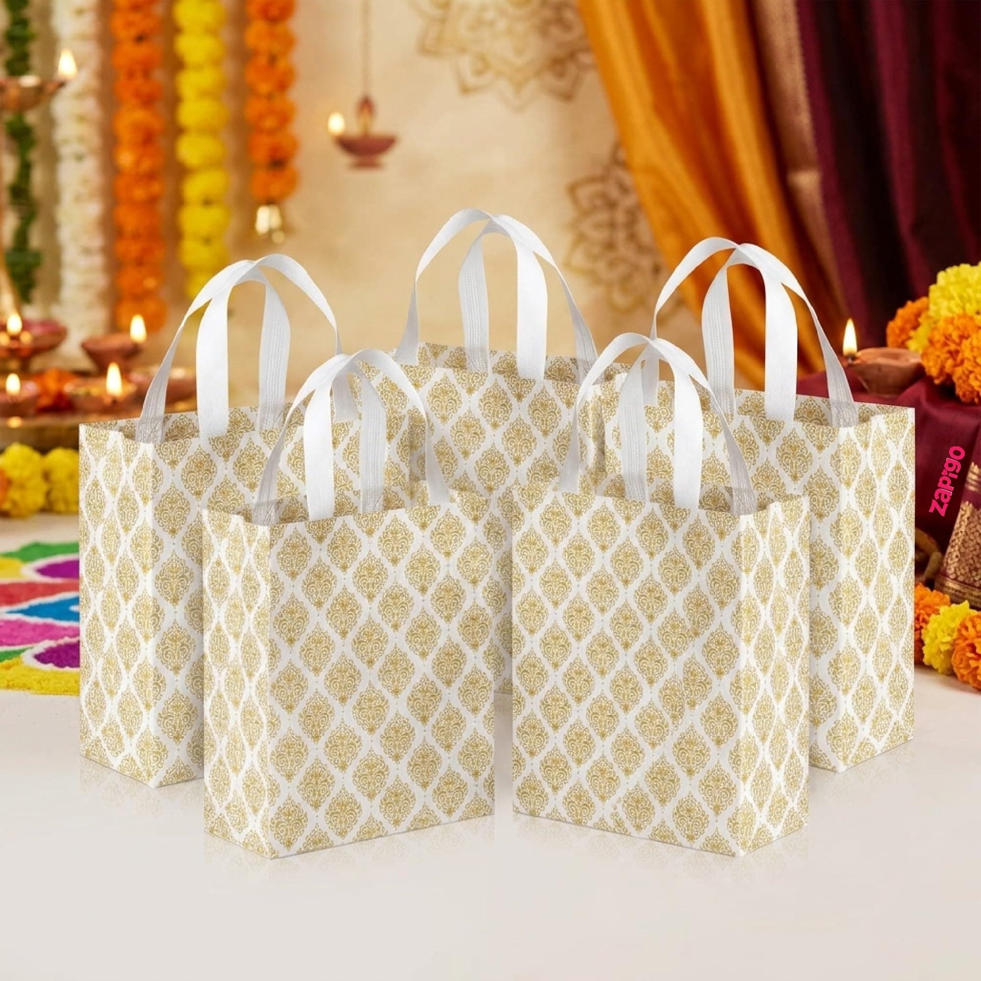 Habba Laminated Carry Bag 7 x 10 Inch, Decorative Non-Woven Gift Bag with Strong Handles, Reusable Festive Bag for Return Gifts, Diwali, Navratri, Wedding, Pooja, Housewarming & Festival - Pack of 5