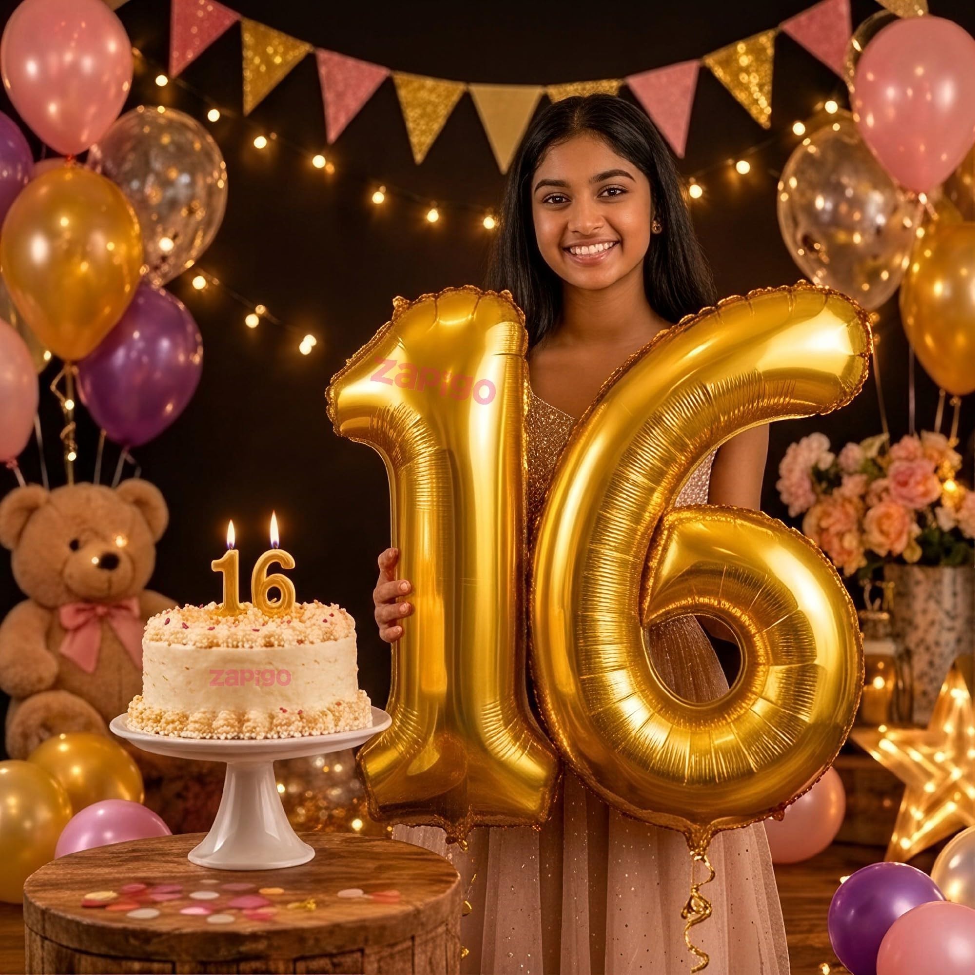 Balloonistics Gold 40-Inch Foil Number 16 Balloon with Matching Number Candle - Combo Set for 16th Birthday, Anniversary, Party Decorations, Photo Booth Backdrop, Cake Table Decor