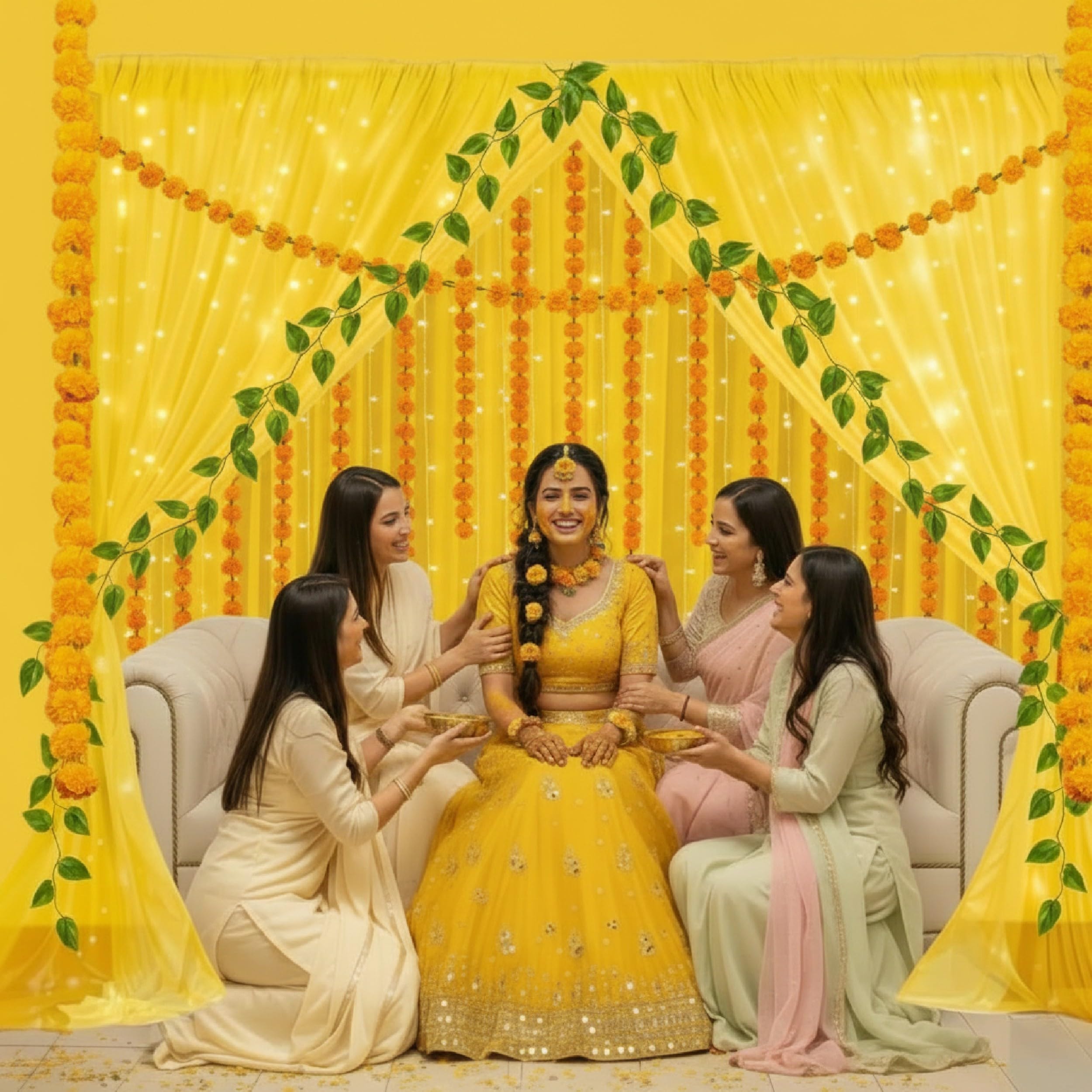 Balloonistics 13 Pcs Haldi & Mehendi Decoration Kit – Vibrant Yellow Backdrop Curtains with Marigold Garlands, Money Plant Vines & Easy Install Hooks – DIY Home Celebration Set