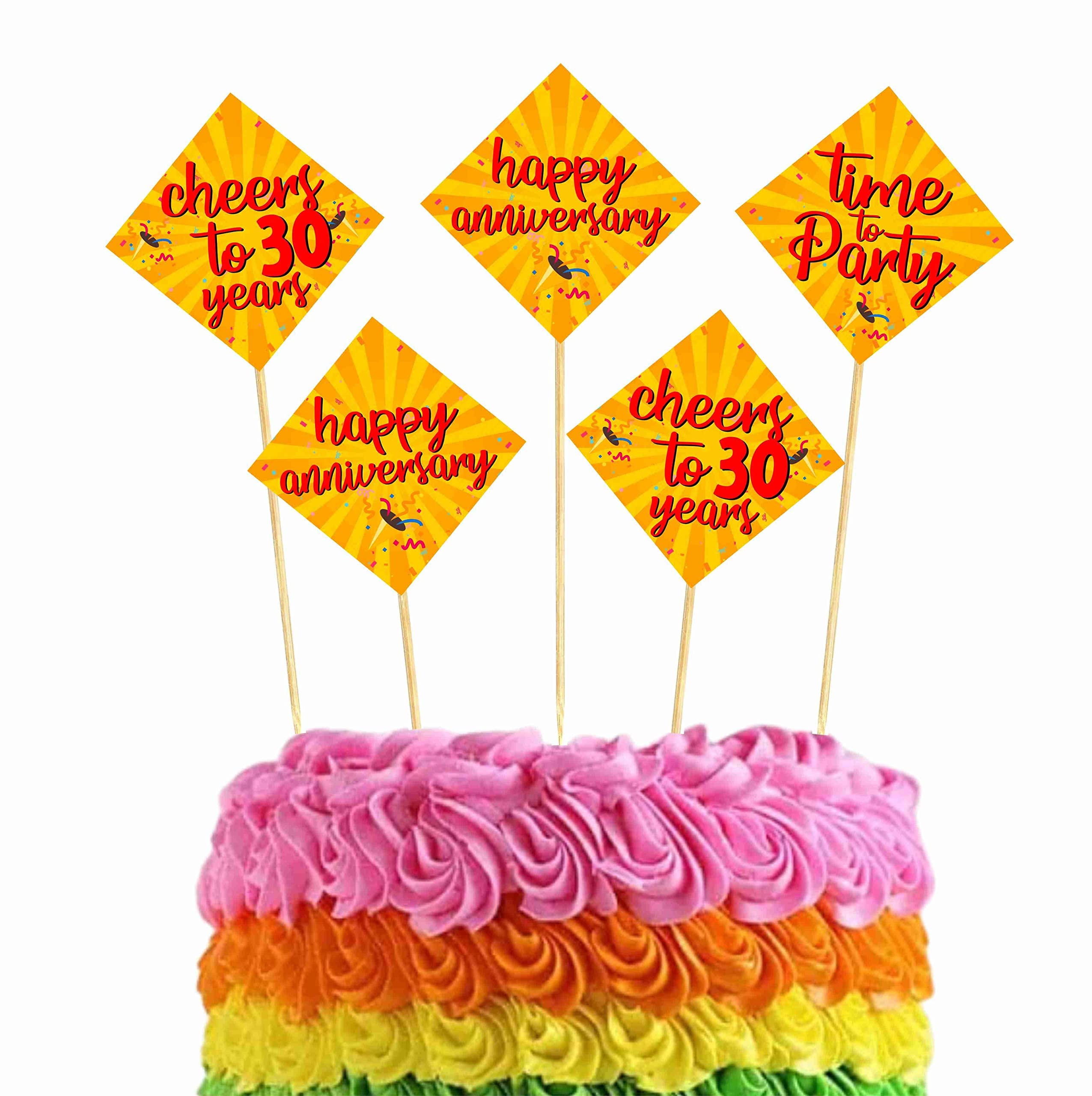 Balloonistics 30th Anniversary Cake Topper Multicolor Cardstock Picks with Natural Bamboo Sticks Anniversary Party Decorations for Cakes (Cake Topper - Pack of 10)