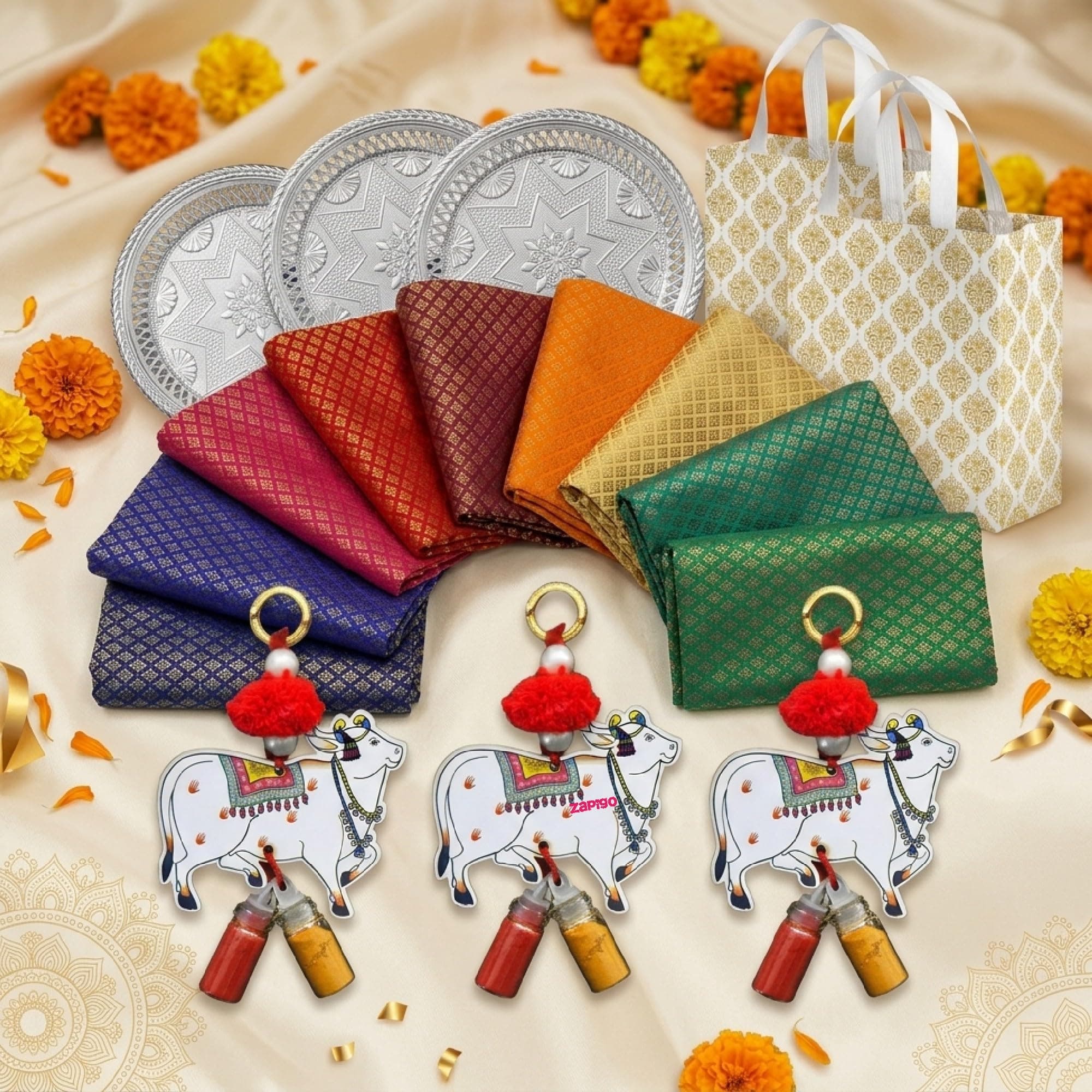 Habba Blouse Piece with Cow Kumkum Set, Decorative Silver Plate & Laminated Carry Bag, Silk Blend Blouse Material Combo for Traditional Haldi Kumkum, Pooja Return Gifts, Navratri, Diwali - Pack of 5